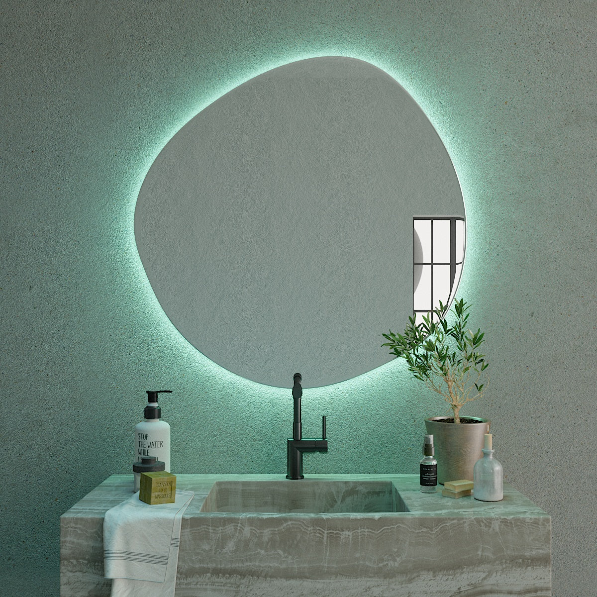 Stone Mirror with colour-changing backlighting