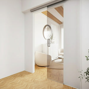 Valo Taivas – kehyksetön lasiliukuovi kattokiinnityksellä