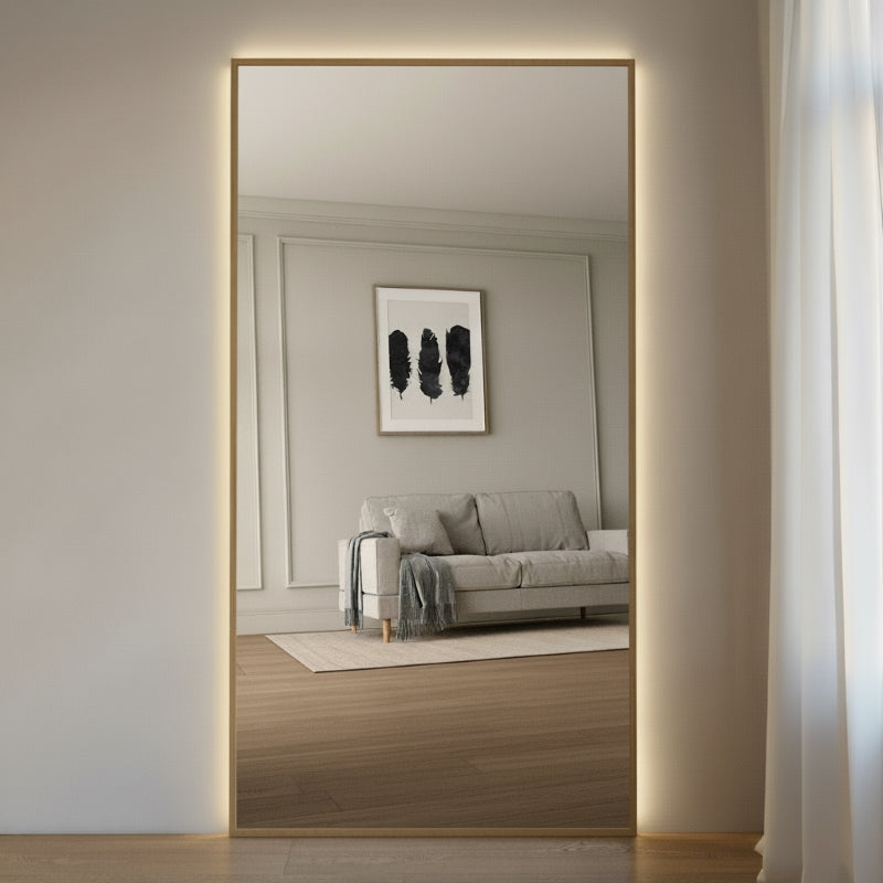 Aitta-peili LED-valoilla ja tammikehyksellä (130x220 cm)