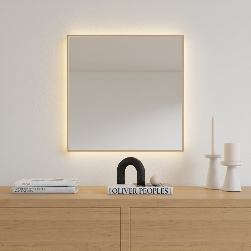 Aitta-peili LED-valoilla ja koivukehyksellä (50x50 cm)