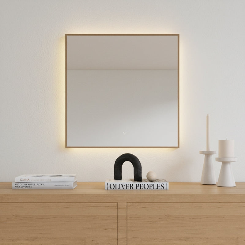 Aitta-peili LED-valoilla ja leppäkehyksellä (50x50 cm)