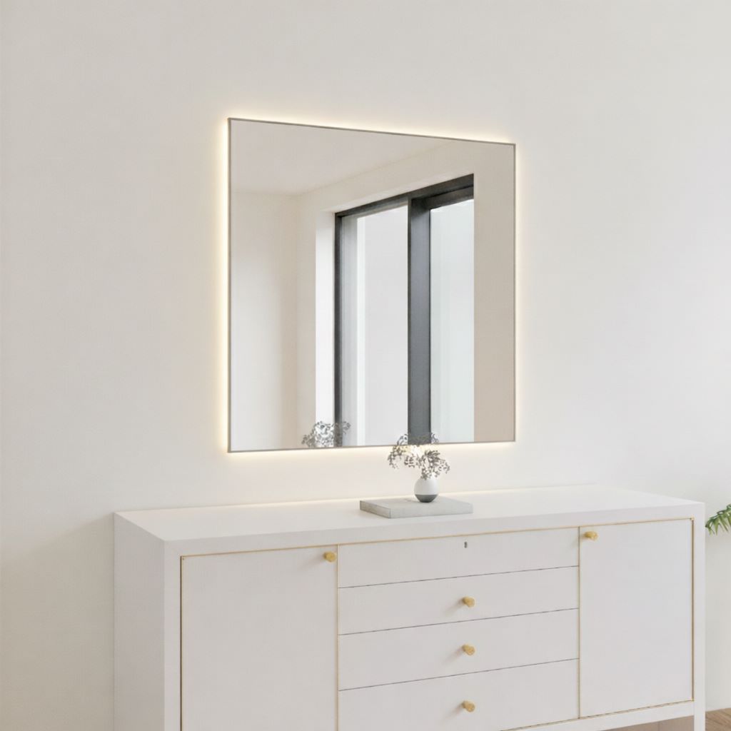 Aitta-peili LED-valoilla ja hopeisella kehyksellä (100x100 cm)