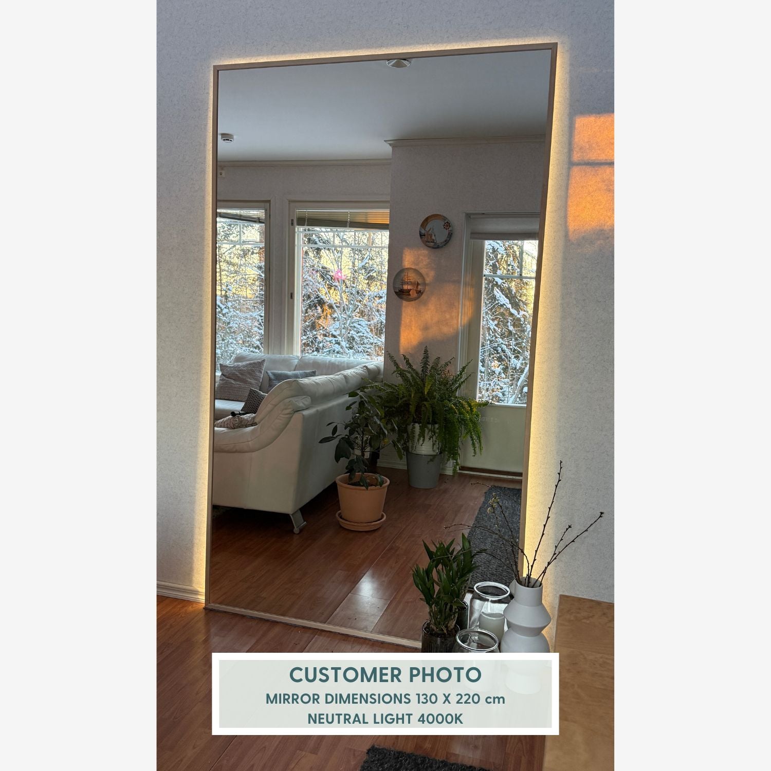 Aitta-peili LED-valoilla ja koivukehyksellä (50x200 cm)