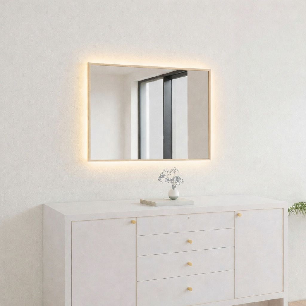 Aitta-peili LED-valoilla ja koivukehyksellä (50x60 cm)