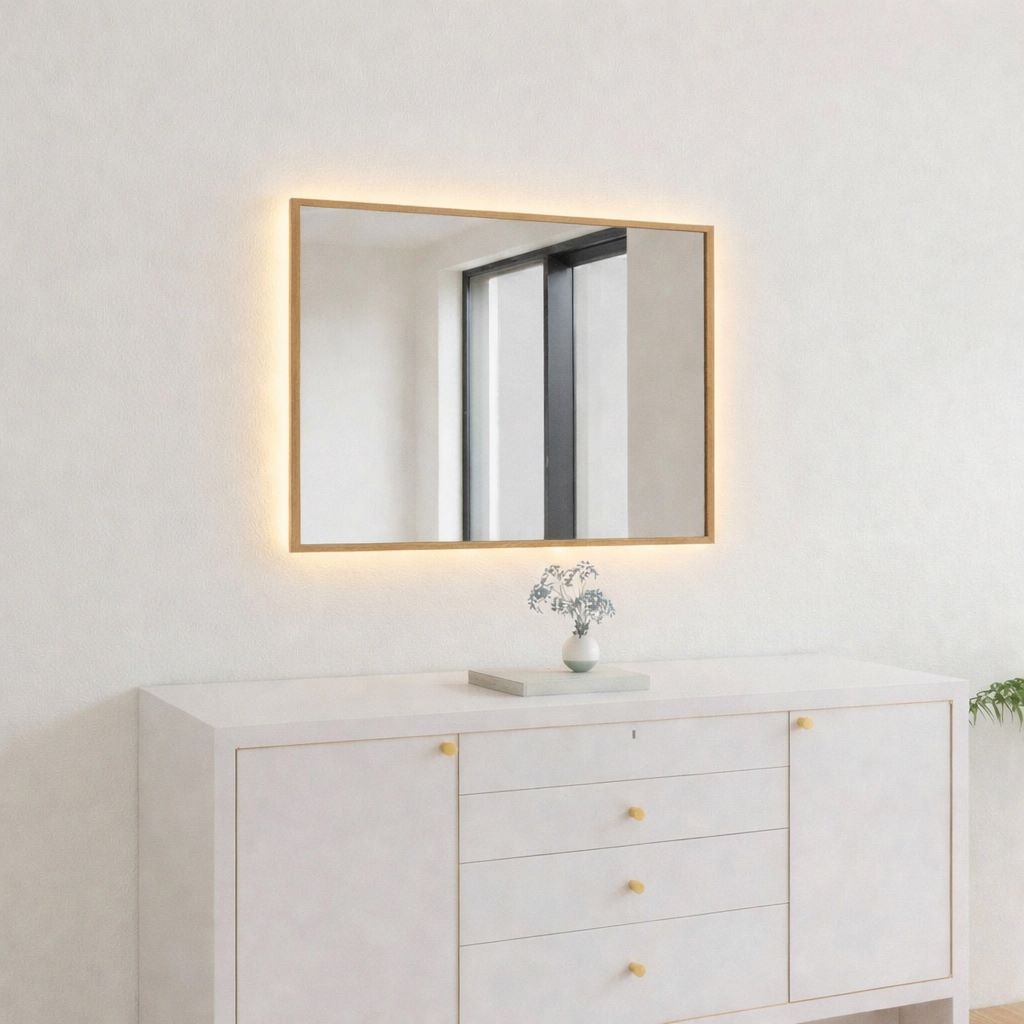 Aitta-peili LED-valoilla ja leppäkehyksellä (50x60 cm)