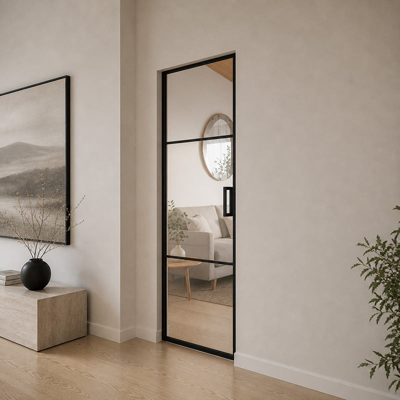 Lasiovi mustalla kehyksellä, loft lasiovi, mustakehys lasiovi