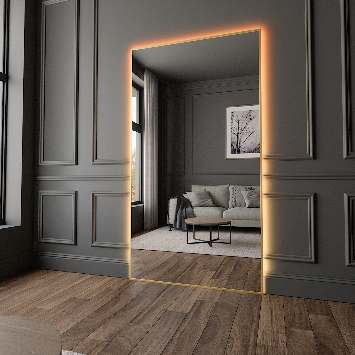 Slimline Mirror with gold frame and colour-changing backlighting