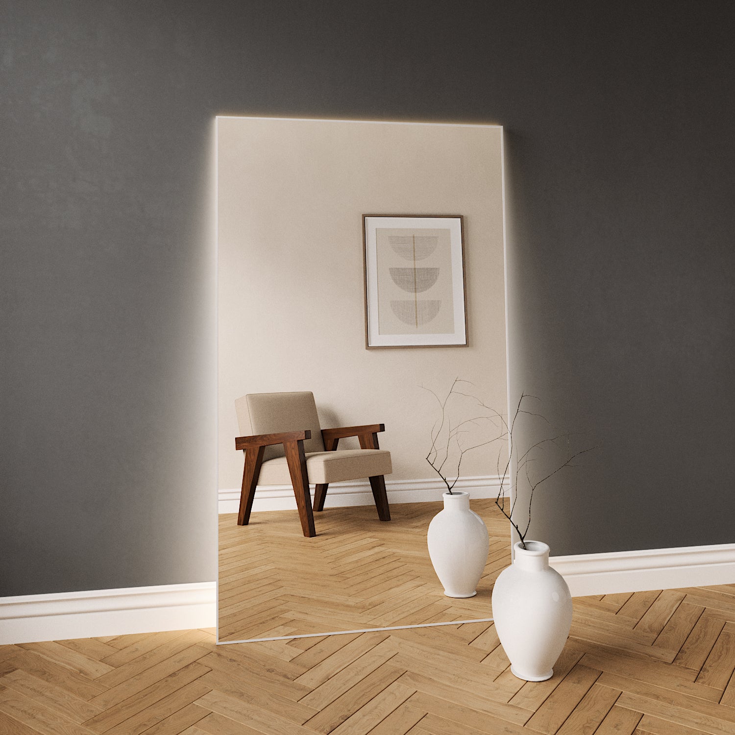 Slimline Ganzkörperspiegel mit LED-Beleuchtung und weiß Rahmen (100x170 cm)