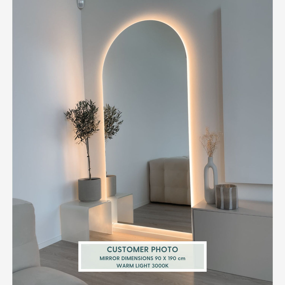 Kaari - Large Modern Arch Mirror With LED-Lights (90x190cm)