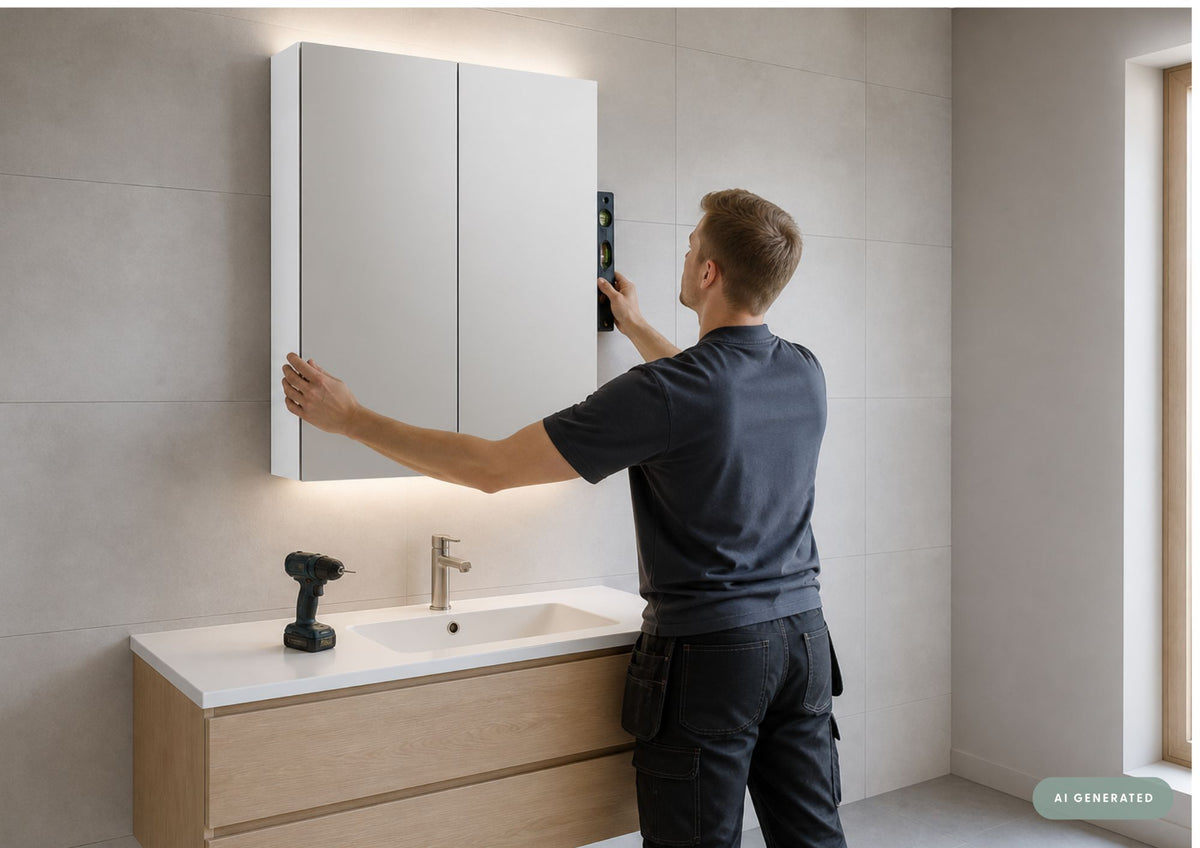 Installation of a white two-door Kide mirror cabinet