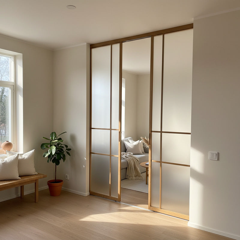 Oak Collection lasiseinä liukuovilla