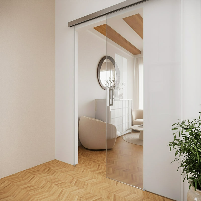 Valo Seinä – kehyksetön lasiliukuovi seinäkiinnityksellä